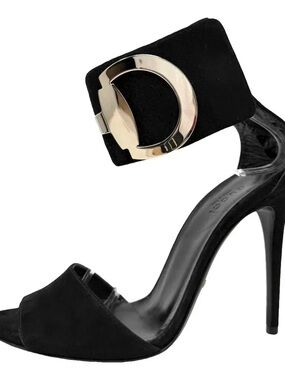 Gucci Black Suede Stiletto Sandals with Gold Buckle